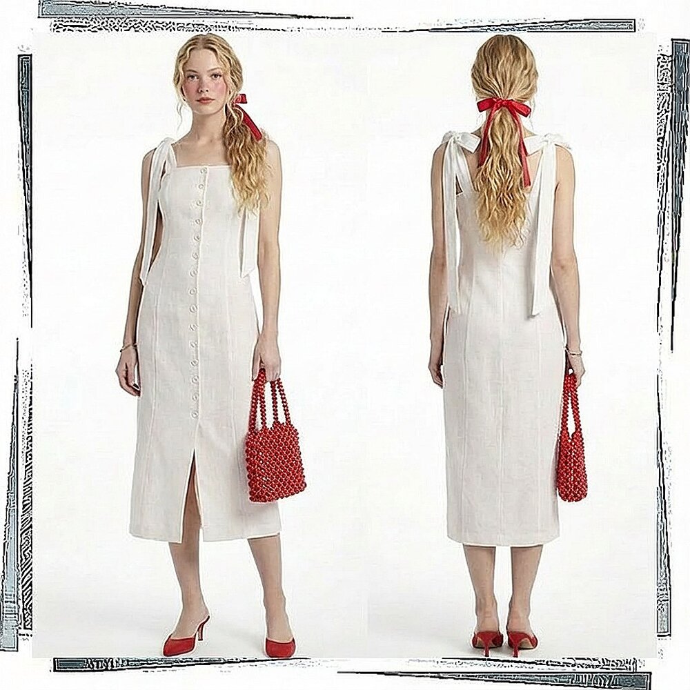 NWT: White Button Front Shoulder Tie Sleeveless Midi Dress (S) Endless Rose